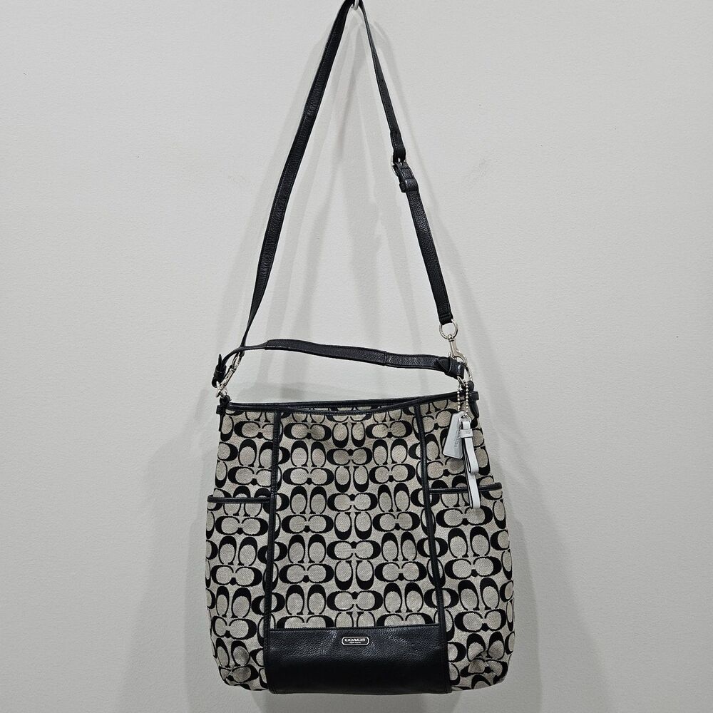Coach Signature C Park Hobo Shoulder Bag Khaki Black F30341 Leather Canvas Zip